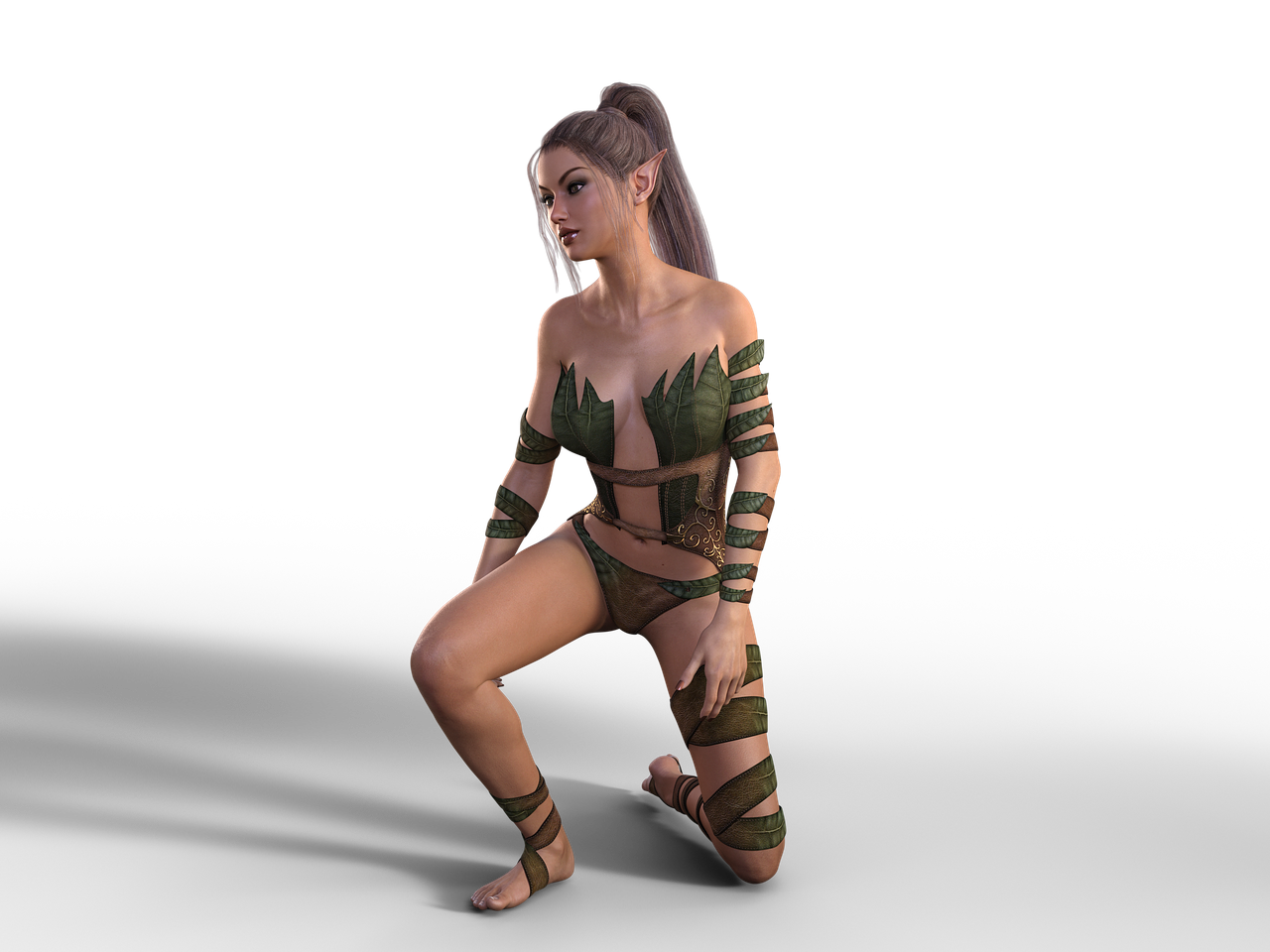 a woman in a camouflage outfit posing for a picture, a low poly render, inspired by senior character artist, renaissance, martial artist dryad, seductive seated pose, with wires and bandages, skin painted with green