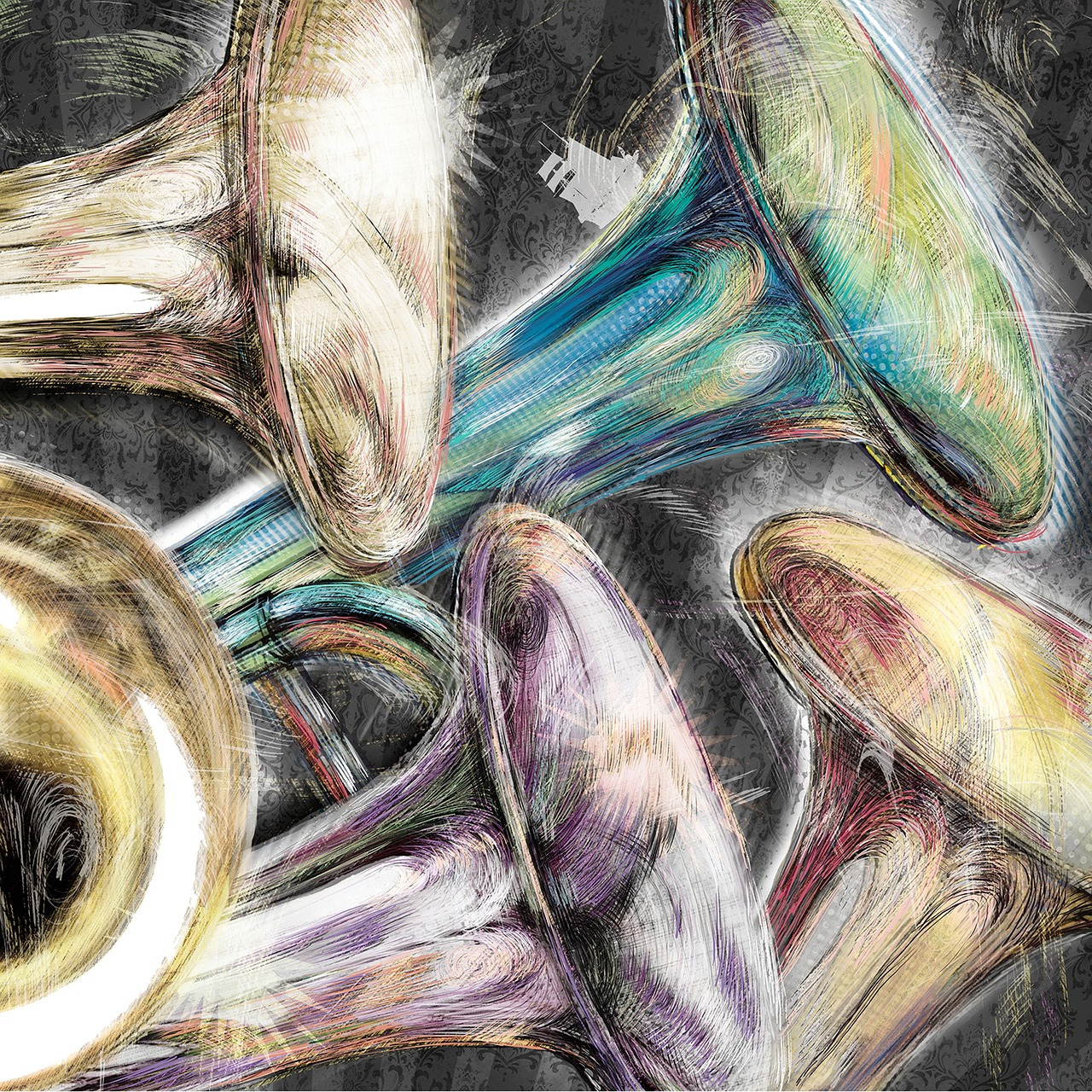 a drawing of a bunch of musical instruments, a digital painting, by Henrik Weber, trending on pixabay, process art, joyous trumpets, texturized, moody feel, large pastel