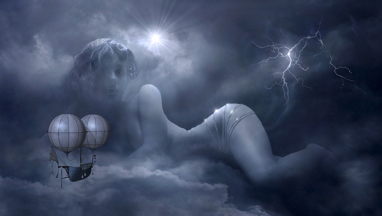 a couple of hot air balloons flying through a cloudy sky, by Eugeniusz Zak, fantasy art, with the body of a goddess, photography alexey gurylev, in a thunderstorm, cherub