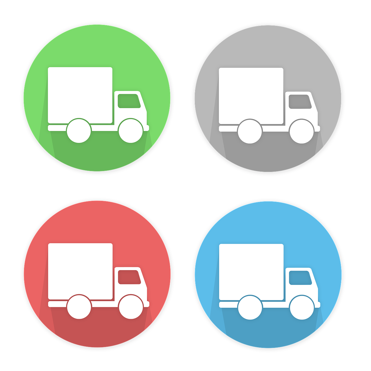 a set of four different colored delivery trucks, contrast icon, circle, clean photo, dark setting
