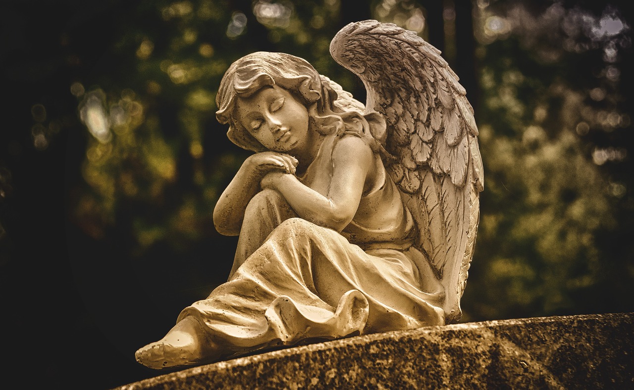 a statue of an angel sitting on top of a stone, pixabay contest winner, baroque, fine detail post processing, resting on a pillow, solemn expression, with beautiful wings