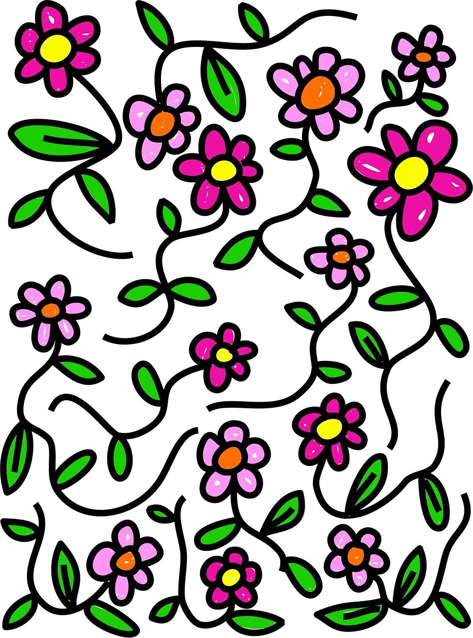 a drawing of flowers on a white background, a digital rendering, inspired by Maksimilijan Vanka, stained glass background, flowers and vines, pink and green, based on child's drawing
