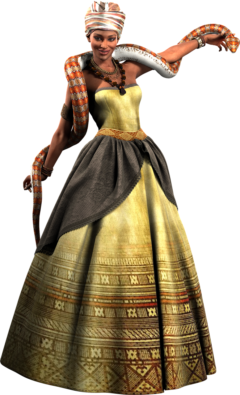 a woman in a dress with a snake around her neck, a digital rendering, inspired by Rajmund Kanelba, wearing an elegant tribal outfit, simba, unknown, in game render