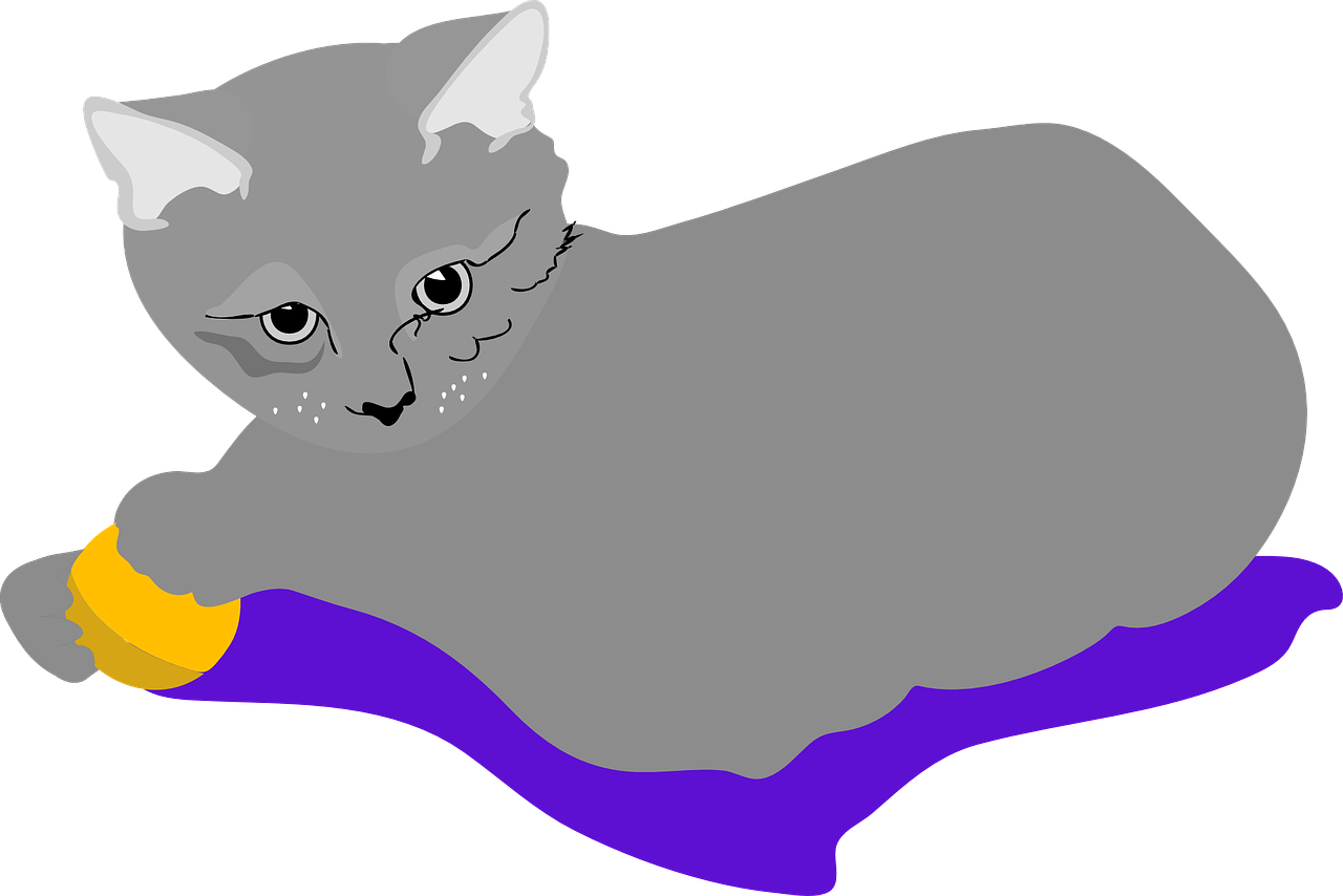 a gray cat laying on a purple pillow, inspired by Masamitsu Ōta, reddit, conceptual art, ( ( dithered ) ), ( ( ( aquarium bed ) ) ) ), harry volk clip art style, !!!! cat!!!!