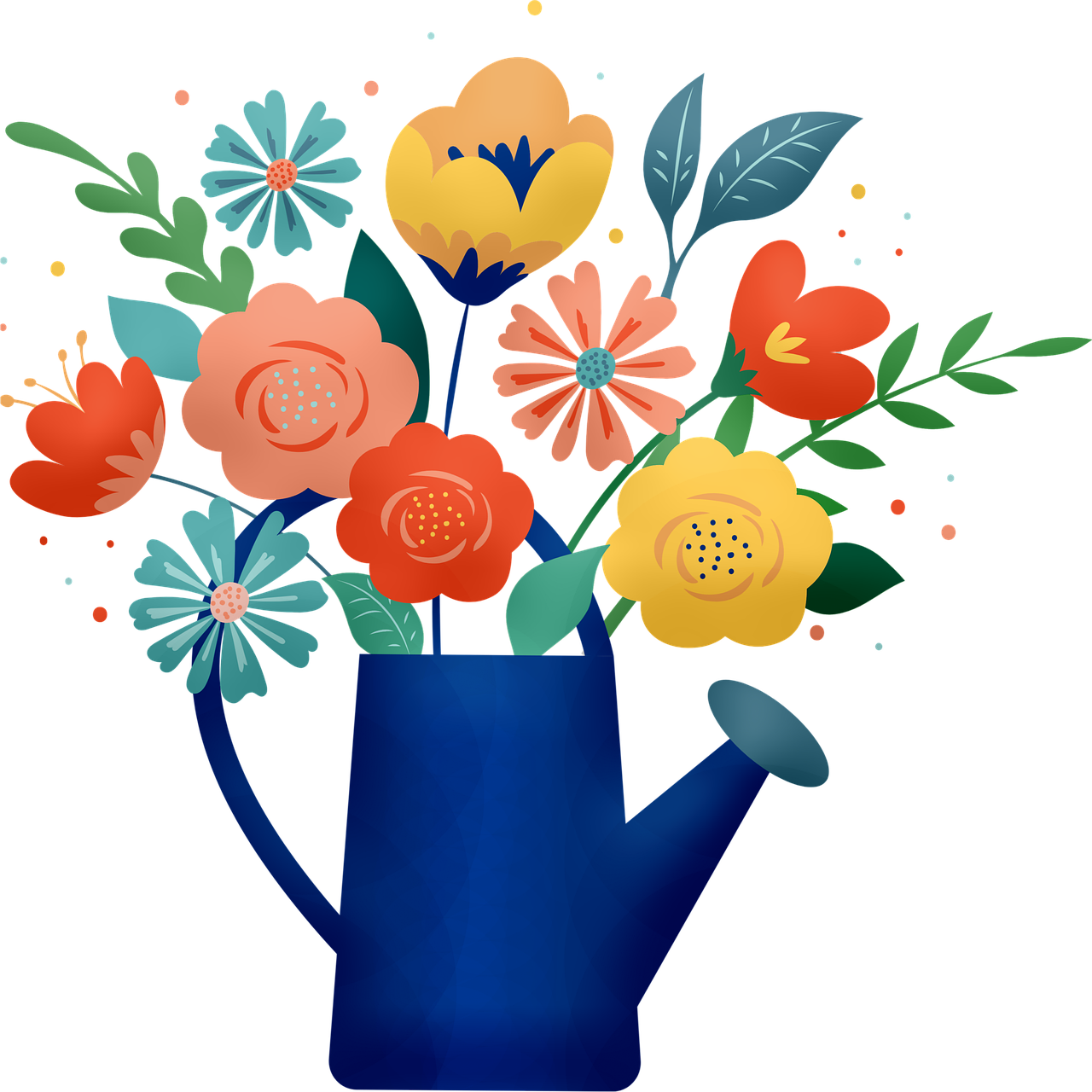 a blue watering can filled with colorful flowers, by Lena Alexander, pixabay, conceptual art, flat illustration, dark. no text, floating bouquets, avatar image
