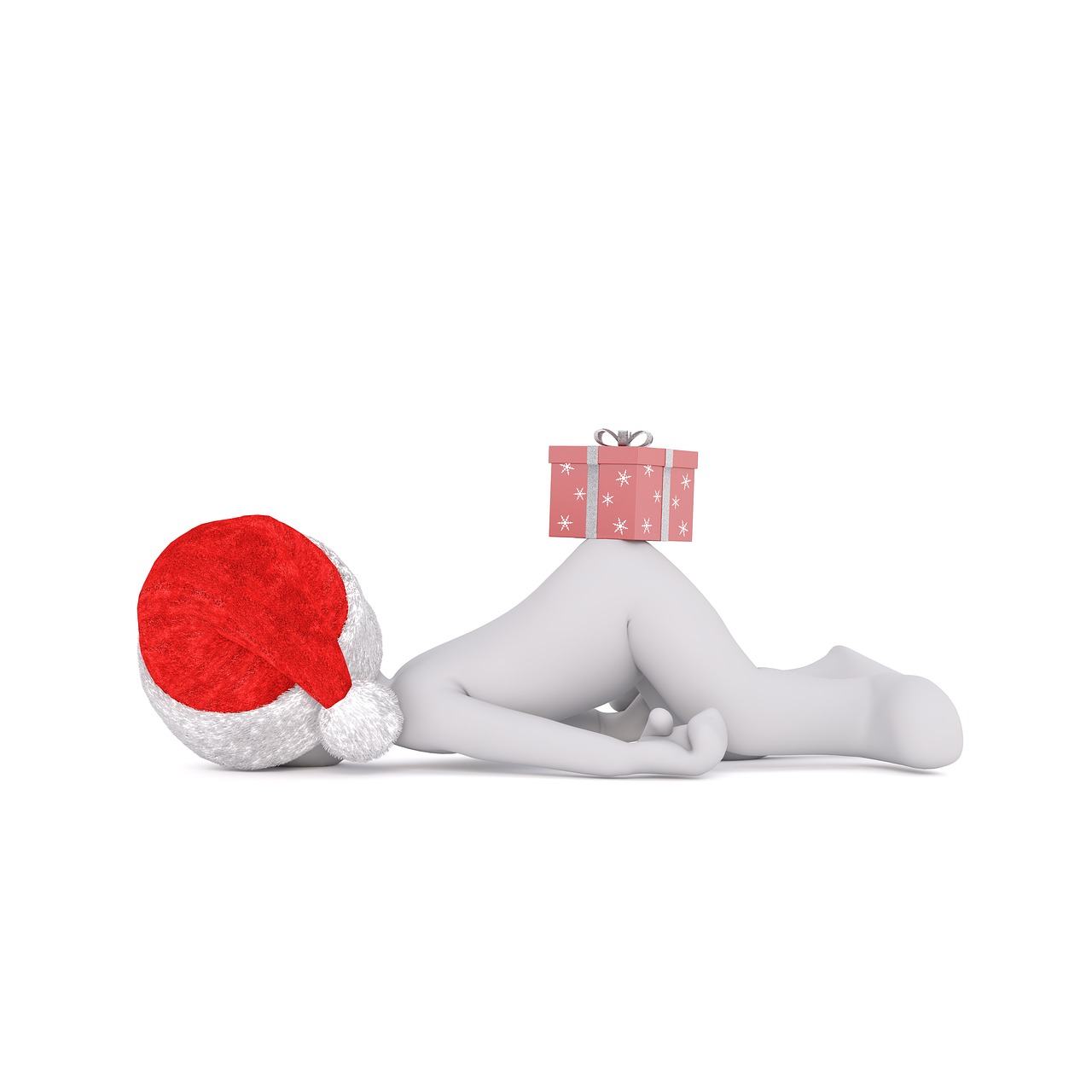 a person laying on the ground with a santa hat on, a 3D render, figuration libre, woman very tired, very perfect position, gifts, funny photo