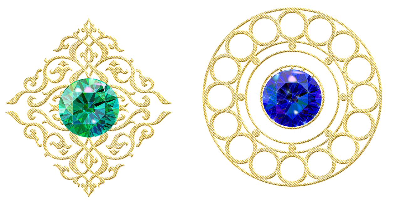 a close up of two brooches on a black background, a digital rendering, inspired by Kamāl ud-Dīn Behzād, trending on cg society, cloisonnism, large blue diamonds, cycles4d render, green and blue colors, golden filigree