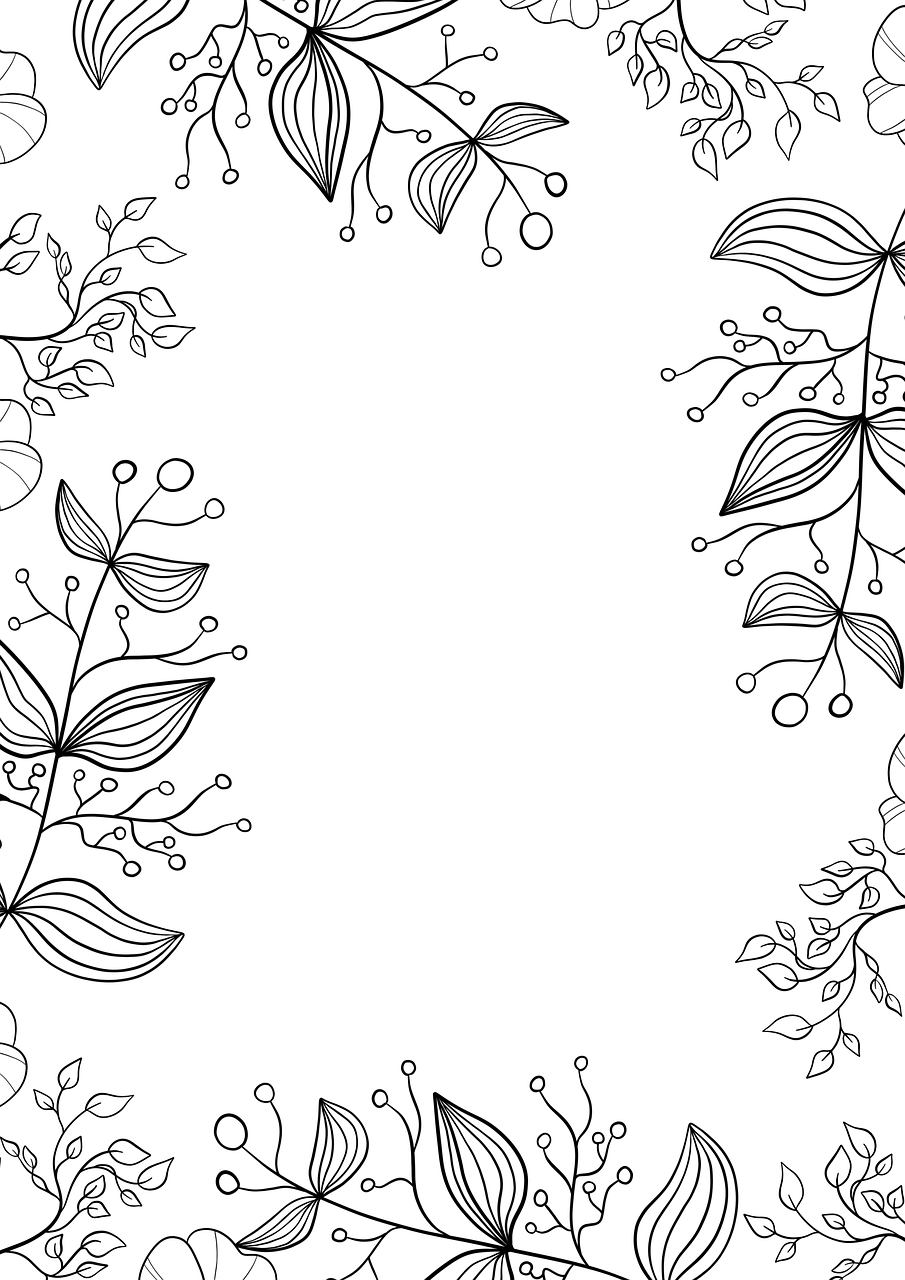 a black and white floral frame on a white background, by Nándor Katona, digital art, phone wallpaper, illustrated in whimsical style, ( ( fantasy plants ) ), breezy background