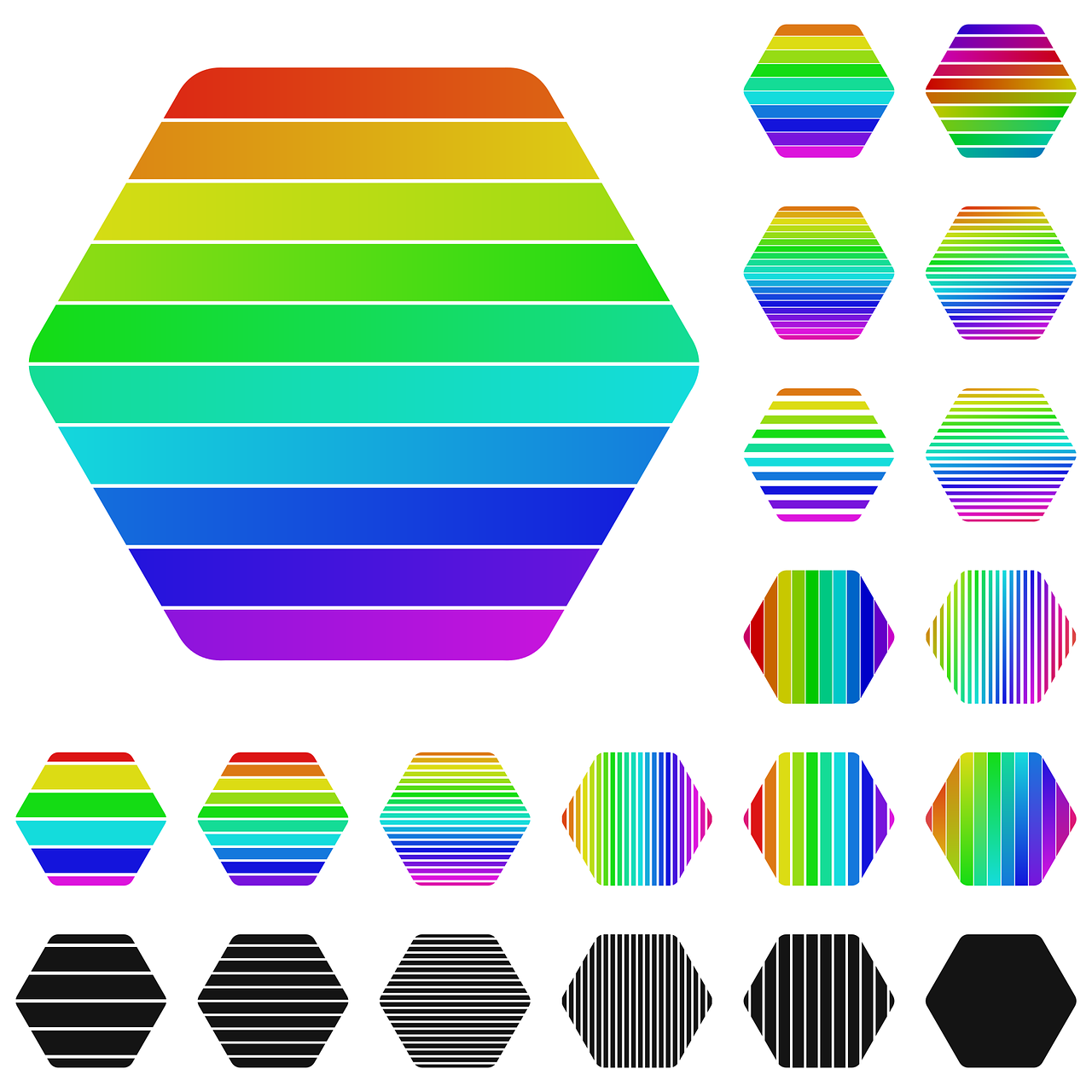 a bunch of different colored hexagons on a white background, a digital rendering, inspired by Okuda Gensō, color field, black stripes, set of high quality hd sprites, 2d solid shape logo, striped
