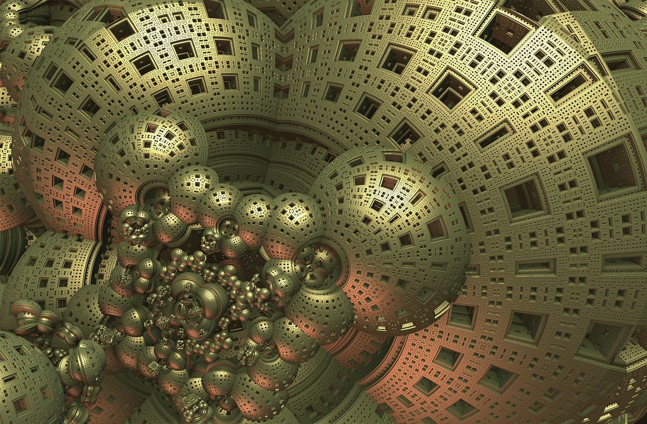 a picture of the inside of a building, digital art, inspired by Peter Gric, digital art, 3d mandelbulb fractal, golden orbs, menger sponge, fractal cyborg ninja background