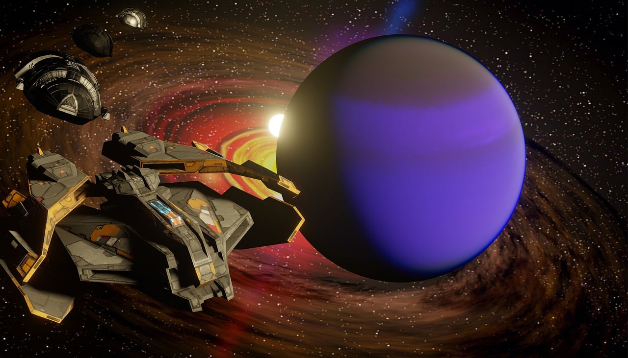 an artist's rendering of a spaceship with a planet in the background, a raytraced image, by Wayne England, cg society contest winner, black sun with purple eclipse, orange gas giant, 8k octae render photo, lush and colorful eclipse