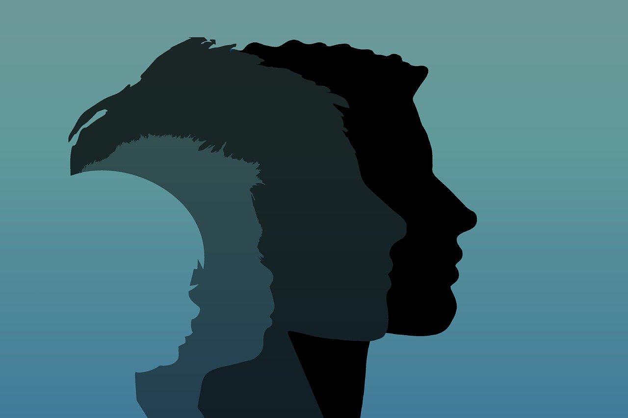 a silhouette of a man and a woman, digital art, inspired by Milton Glaser, digital art, head and shoulders view, wikihow illustration, concept illustration, metaphor