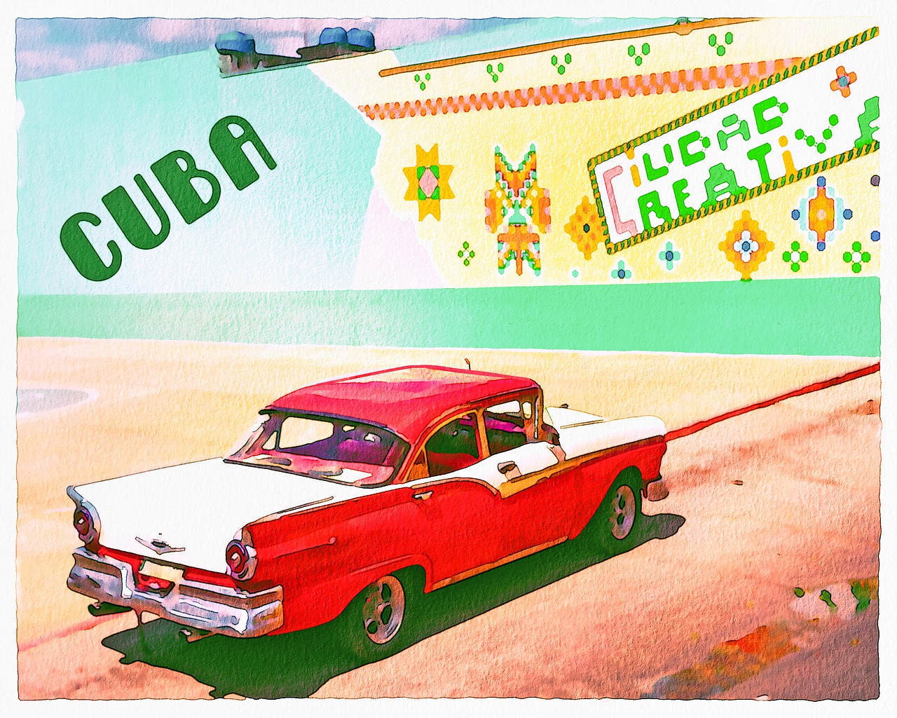 a painting of a red car parked on the side of a road, a digital rendering, pixabay contest winner, retrofuturism, varadero beach, cuban revolution, lomo photograph, googie motifs