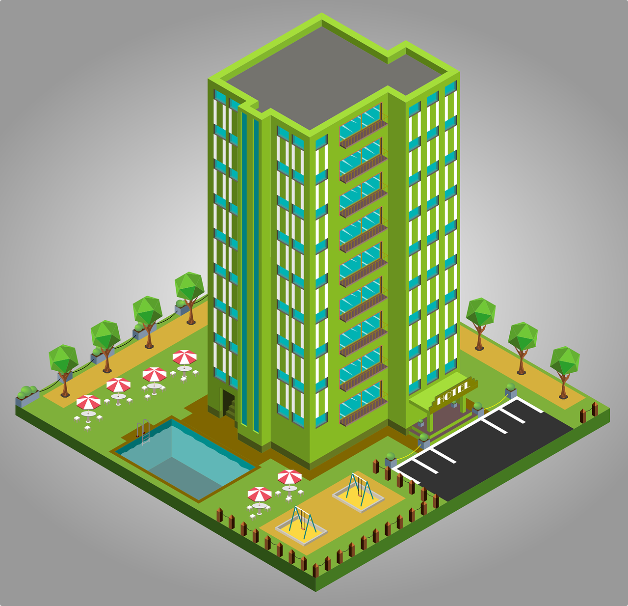 a tall building sitting on top of a lush green field, a 3D render, colorful flat design, isometric perspective view, urban plaza, holiday resort