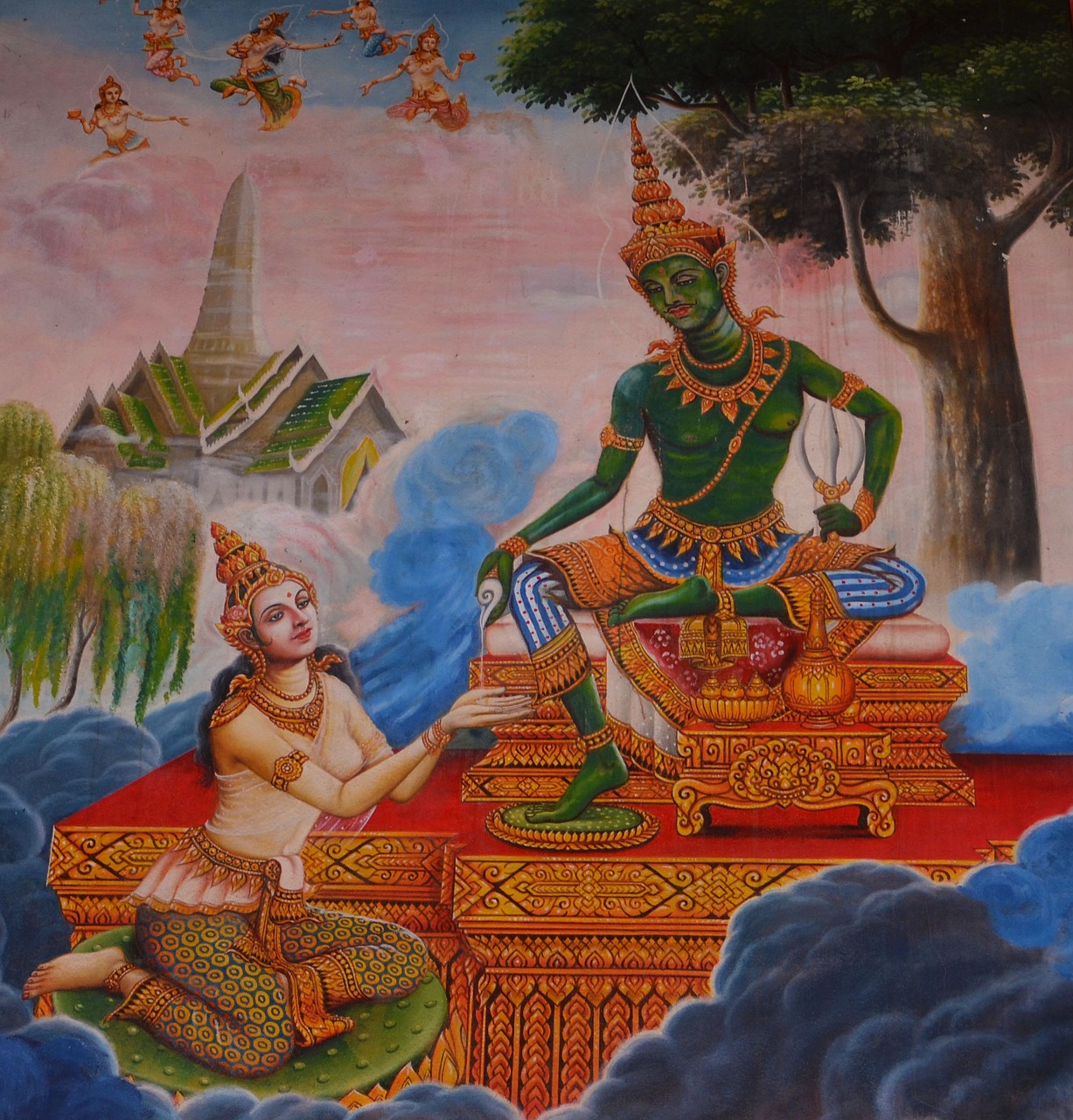 a painting on the side of a building, an ultrafine detailed painting, by Sasha Putrya, flickr, thai temple, powerful scene, a beautiful artwork illustration, seated in royal ease