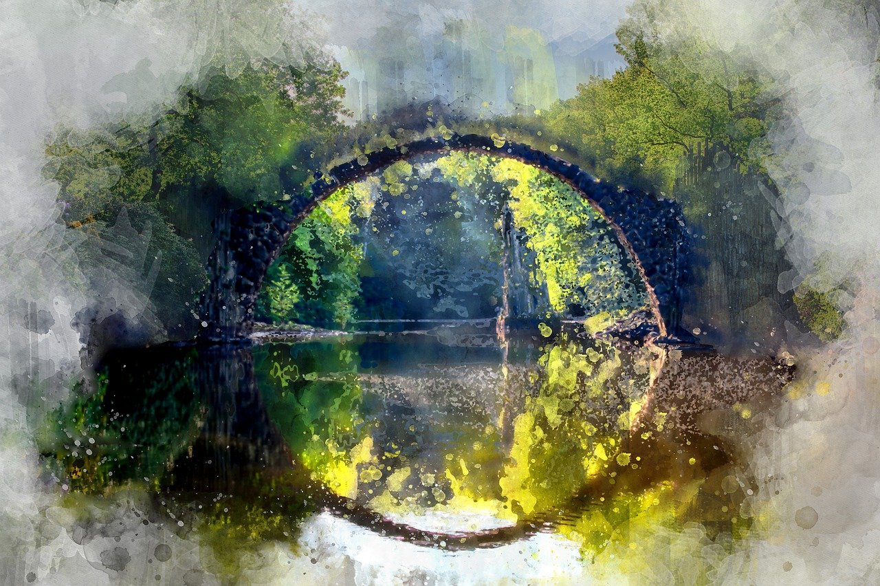 a painting of a bridge over a body of water, a digital painting, romanticism, forest portal, watercolor inpaint, green and yellow tones, incredible reflections