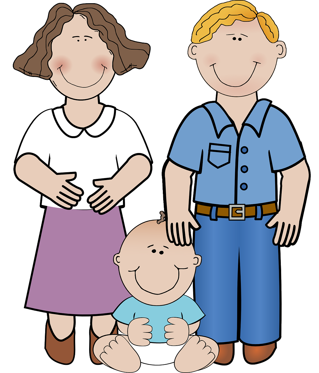 a man and a woman holding a baby, by Melissa A. Benson, pixabay, naive art, wearing a police uniform, wearing farm clothes, family guy style, husband wife and son