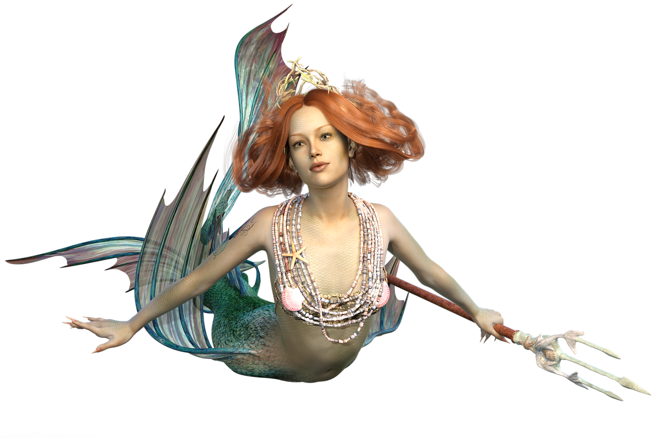 a woman dressed as a mermaid holding a spear, a raytraced image, beautiful animal pearl queen, fbx, maiden with copper hair, ripley scott