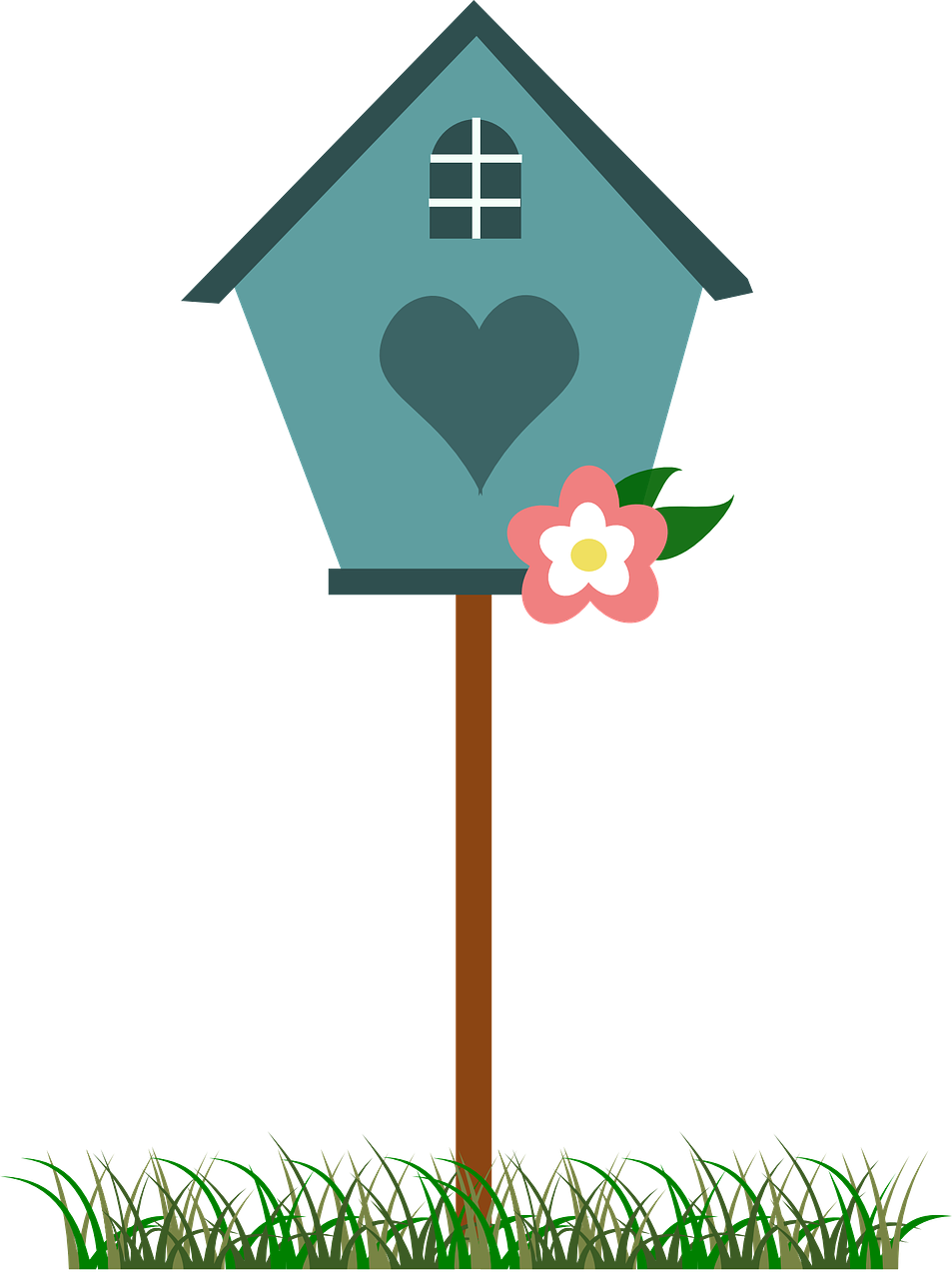 a birdhouse with a flower in front of it, a screenshot, trending on pixabay, sōsaku hanga, on a flat color black background, heart, blueish, tall