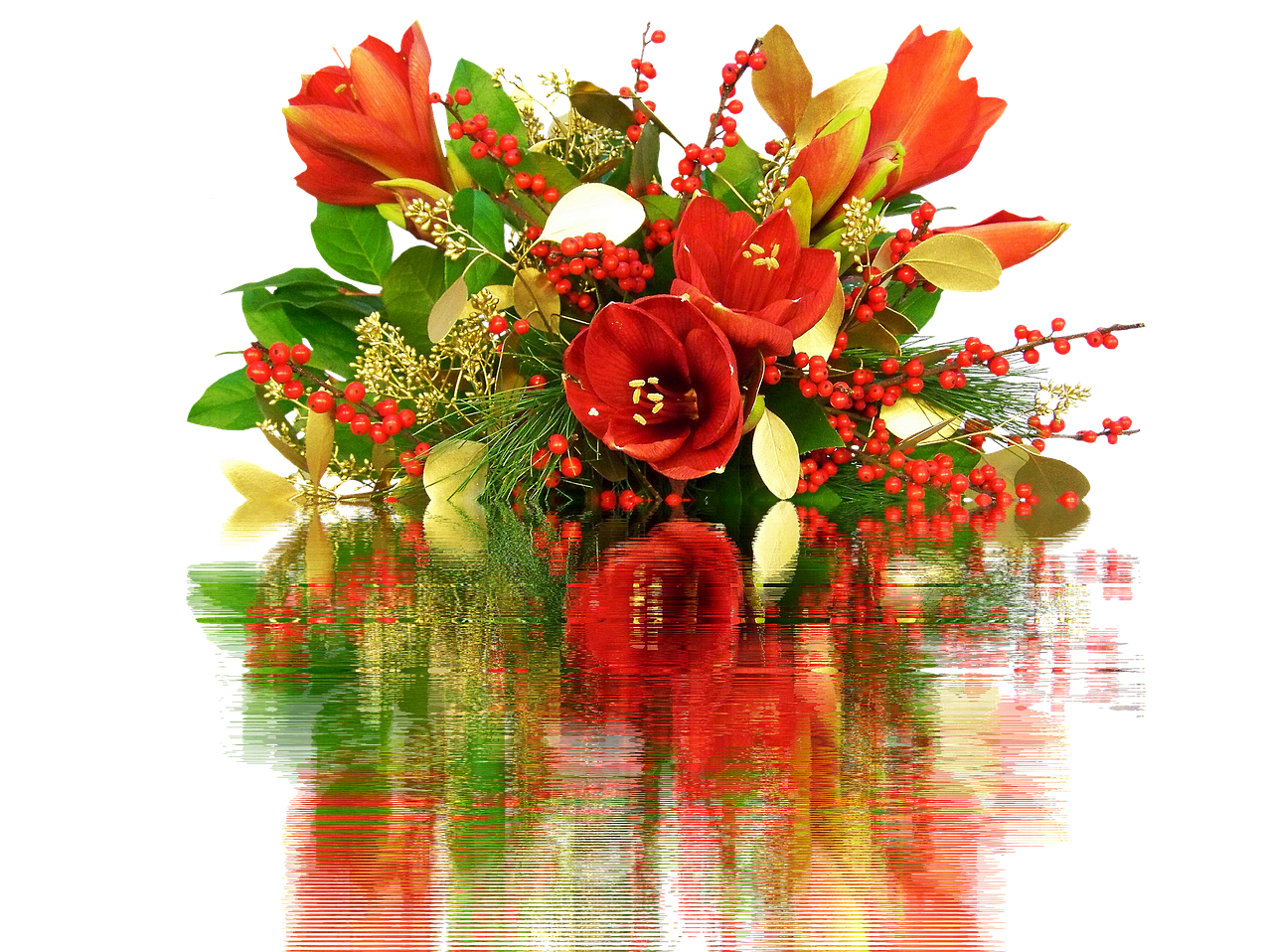 a bouquet of flowers sitting on top of a table, a digital rendering, by Henryka Beyer, pixabay, water reflection!!!!!, red and golden color details, red and green color scheme, winter vibrancy