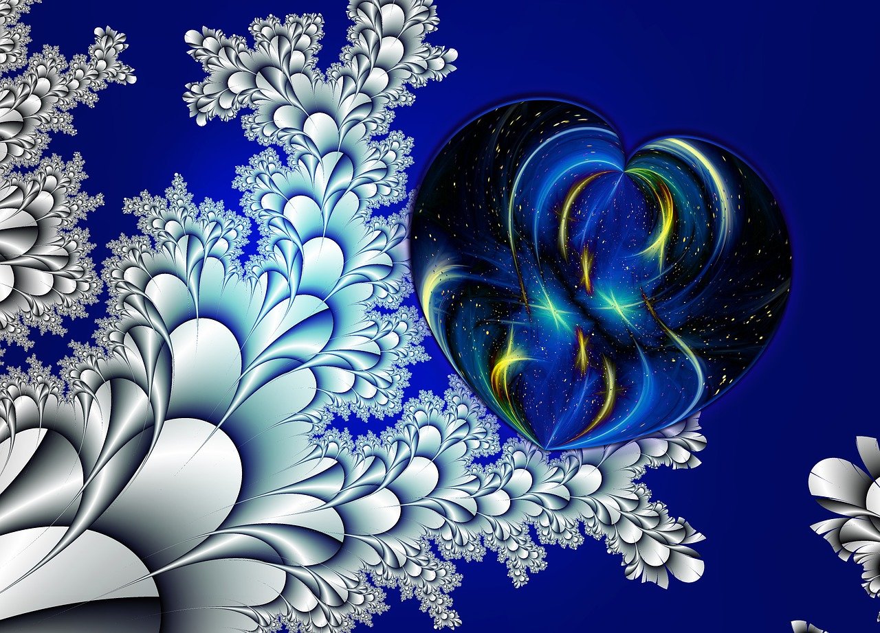 a computer generated image of a heart surrounded by snowflakes, inspired by Benoit B. Mandelbrot, digital art, silver and blue color schemes, fantasy flowers and leaves, a beautiful artwork illustration, magical fairy floating in space