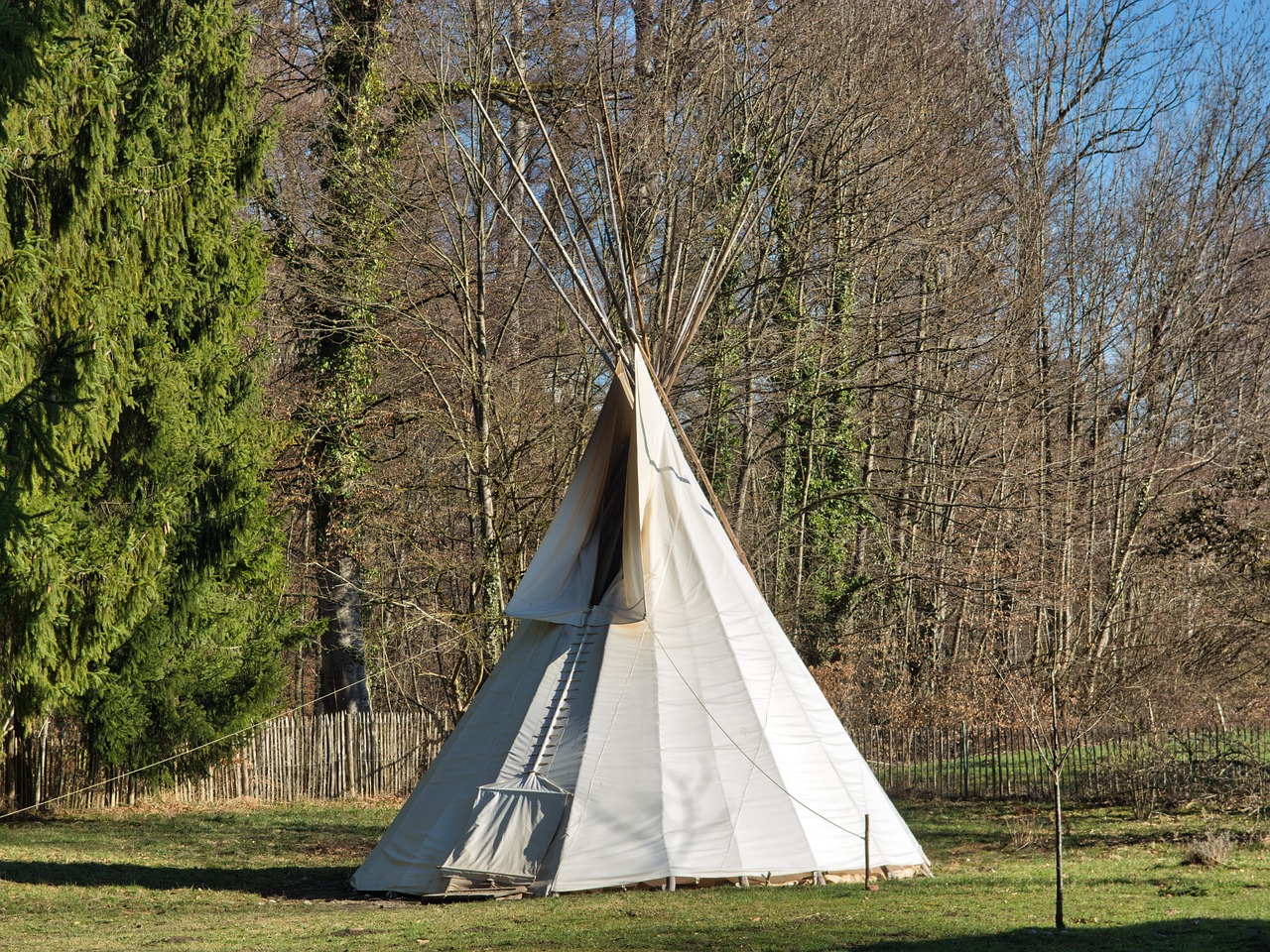 a teepee sitting on top of a lush green field, a photo, by Erwin Bowien, renaissance, winter, sunny day in the forrest, museum quality photo, very very well detailed image