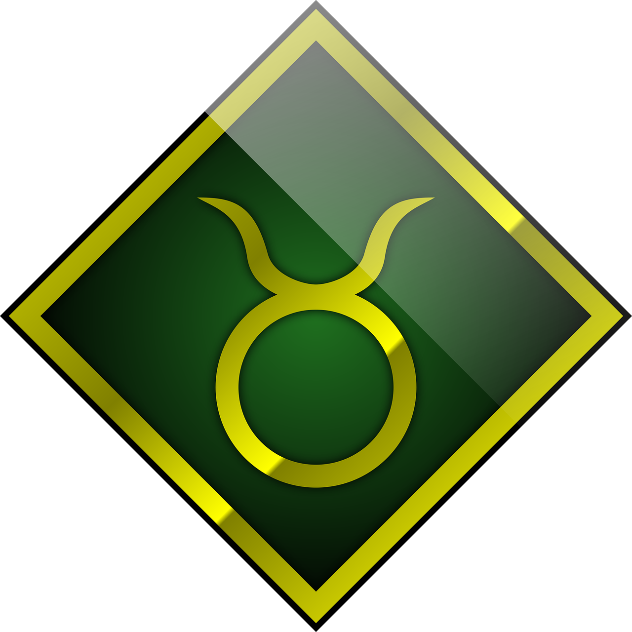 a green and gold zodiac sign on a black background, a digital rendering, glass and metal : : peugot onyx, taurus zodiac sign symbol, square, has horns: a sharp