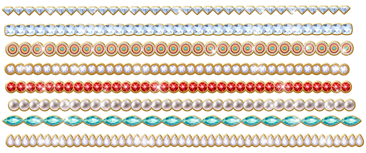 a bunch of different colored beads on a white background, an illustration of, by David Burton-Richardson, trending on shutterstock, art deco, ornate with gold trimmings, aquamarine, garters, multilayer