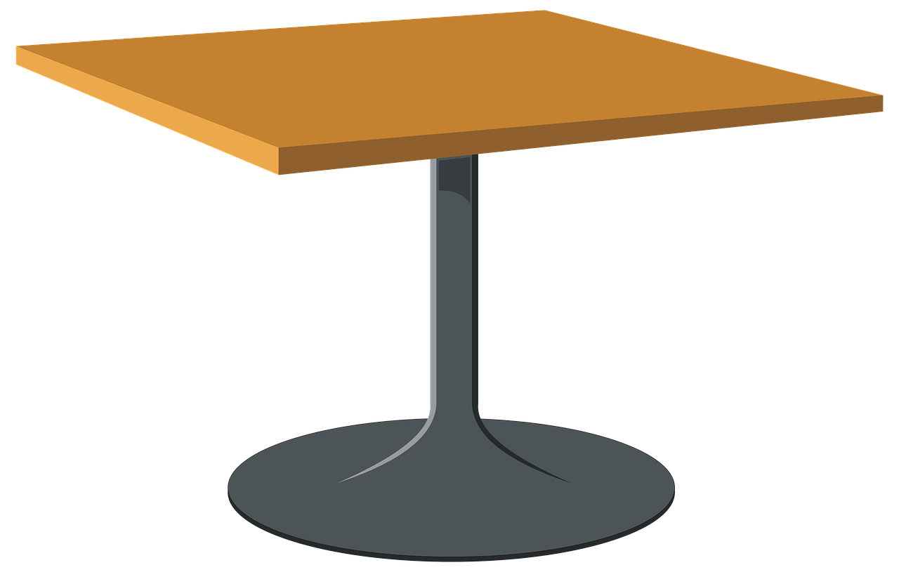 a wooden table with a metal base, concept art, pixabay, computer art, on a flat color black background, american canteen, cell shaded adult animation, furniture around