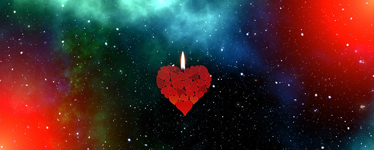 a heart shaped candle in the middle of a space filled with stars, digital art, digital art, beautiful screenshot, phone wallpaper, red hearts, trending photo