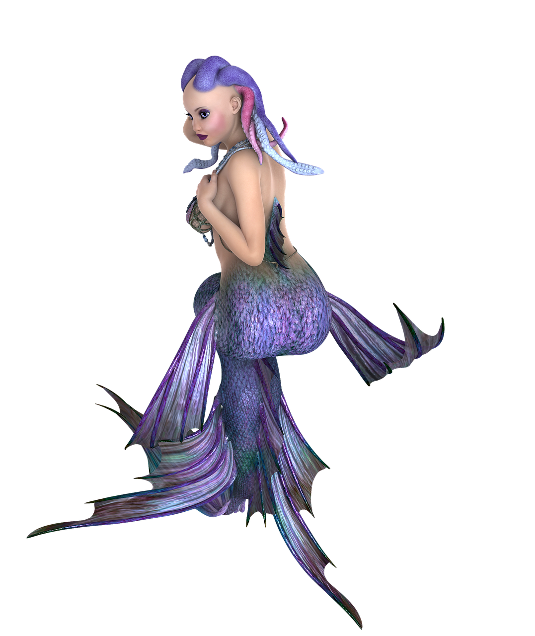 a 3d illustration of a mermaid with purple hair, a raytraced image, [[fantasy]], with a black background, fbx, curious