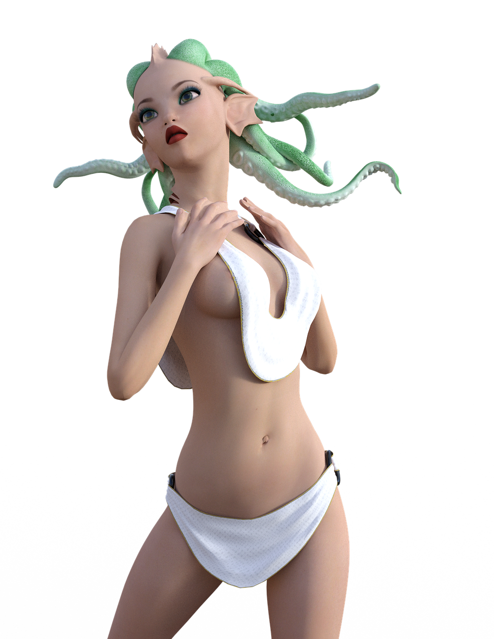 a woman in a bikini with an octopus on her head, a 3D render, inspired by INO, deviantart contest winner, wearing white leotard, sexy girl with green eyes, ( ( ( ( 3 d render ) ) ) ), lone petite female goddess