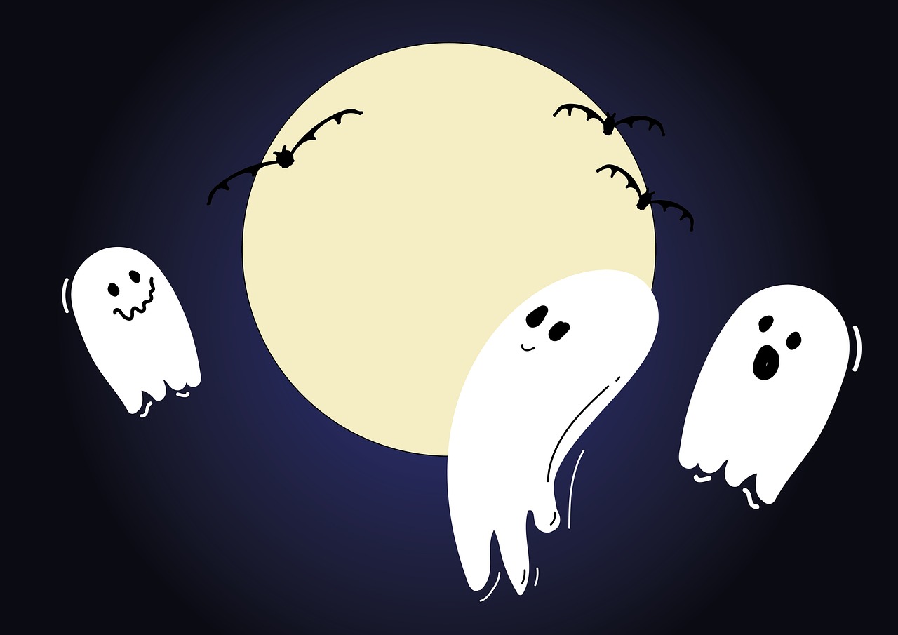 three ghosts in front of a full moon, a cartoon, trending on pixabay, big white glowing wings, blank, scary smile, wide-shot