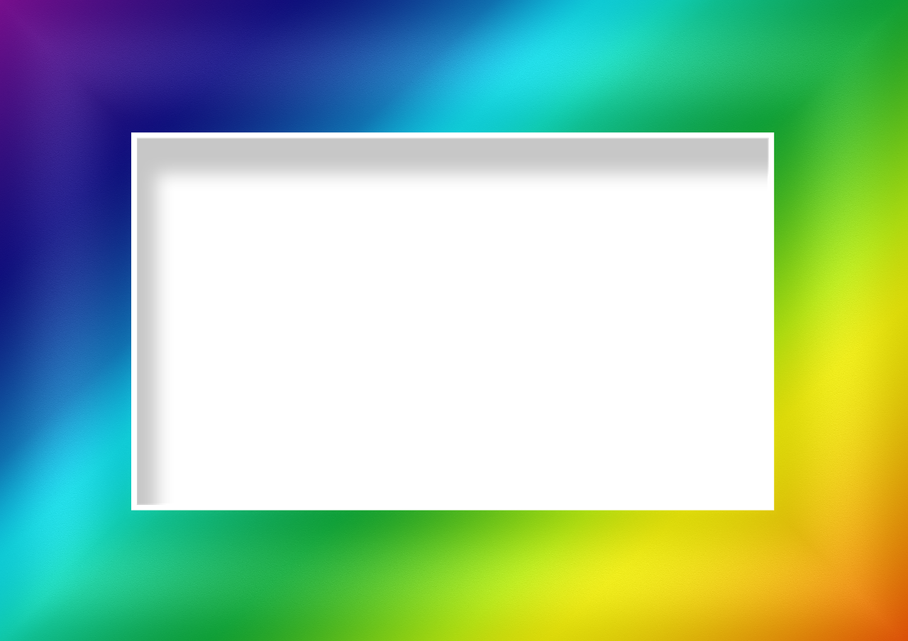 a rainbow colored background with a black square, a picture, whitespace border, black backround. inkscape, with gradients, 1128x191 resolution
