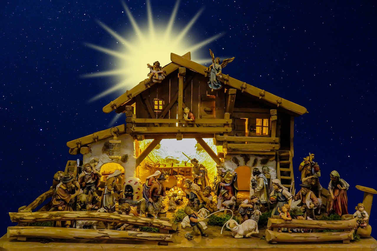 a nativity scene with a star in the sky, by Bernard Meninsky, shutterstock, naive art, highly detailed toy, 🕹️ 😎 🔫 🤖 🚬, photo-shopped, wood