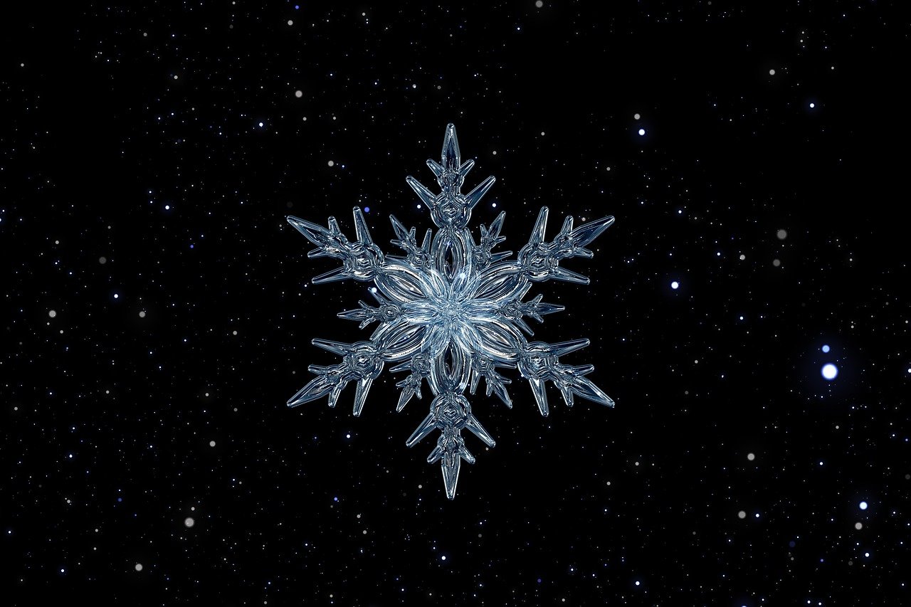 a close up of a snowflake on a black background, space art, on a clear magnificent night sky, rendered in redshift, 2000s photo
