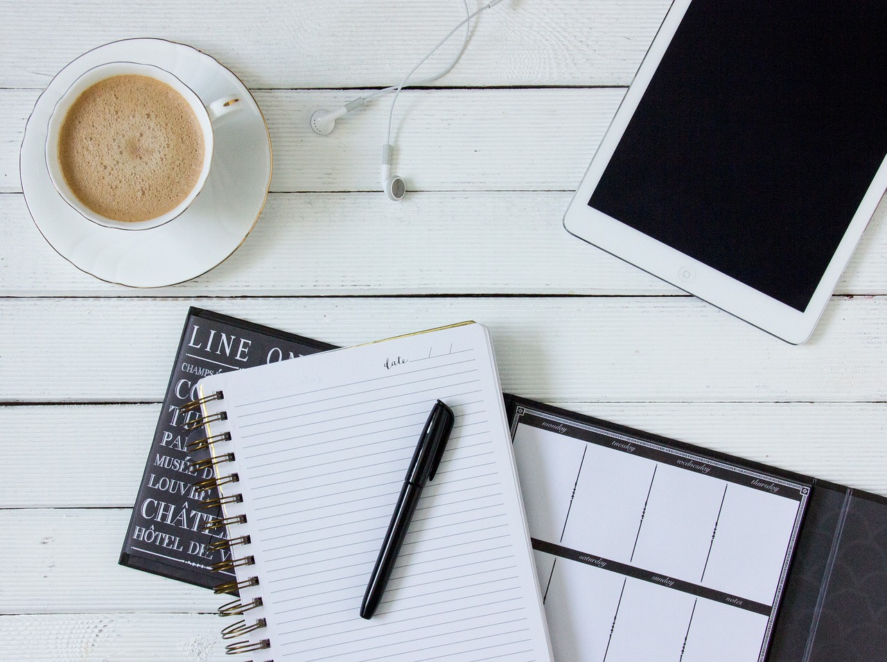 a cup of coffee and a notebook on a table, pexels, organized, white background”, photostock, writing on a clipboard