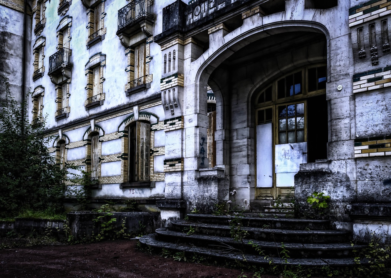 a very old building with a bunch of windows, a photo, by Alexander Bogen, flickr, art nouveau, anime concept hdr anime macmanus, spooky mansion, high detail photo of a deserted, entrance