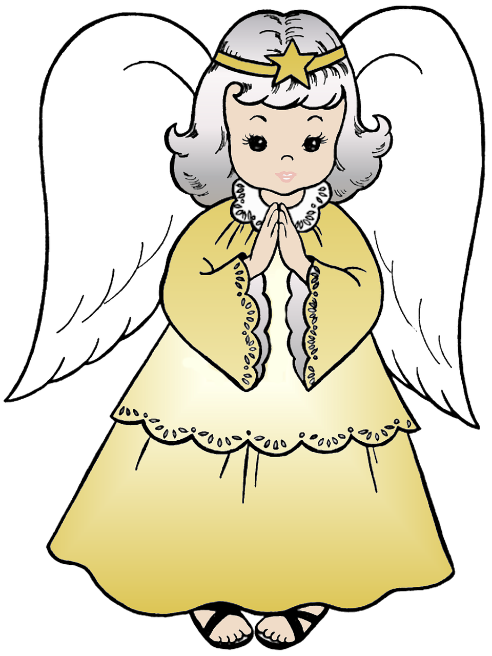 an angel with a crown on her head, inspired by Marie Angel, pixabay, with yellow cloths, with short bobbed white hair, precious moments, christmas
