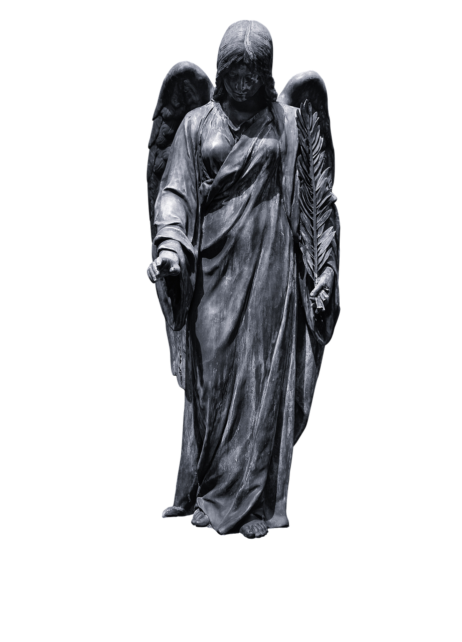 a black and white photo of a statue of an angel, a statue, baroque, on a flat color black background, clothed in ancient, detailed zoom photo, from waist up