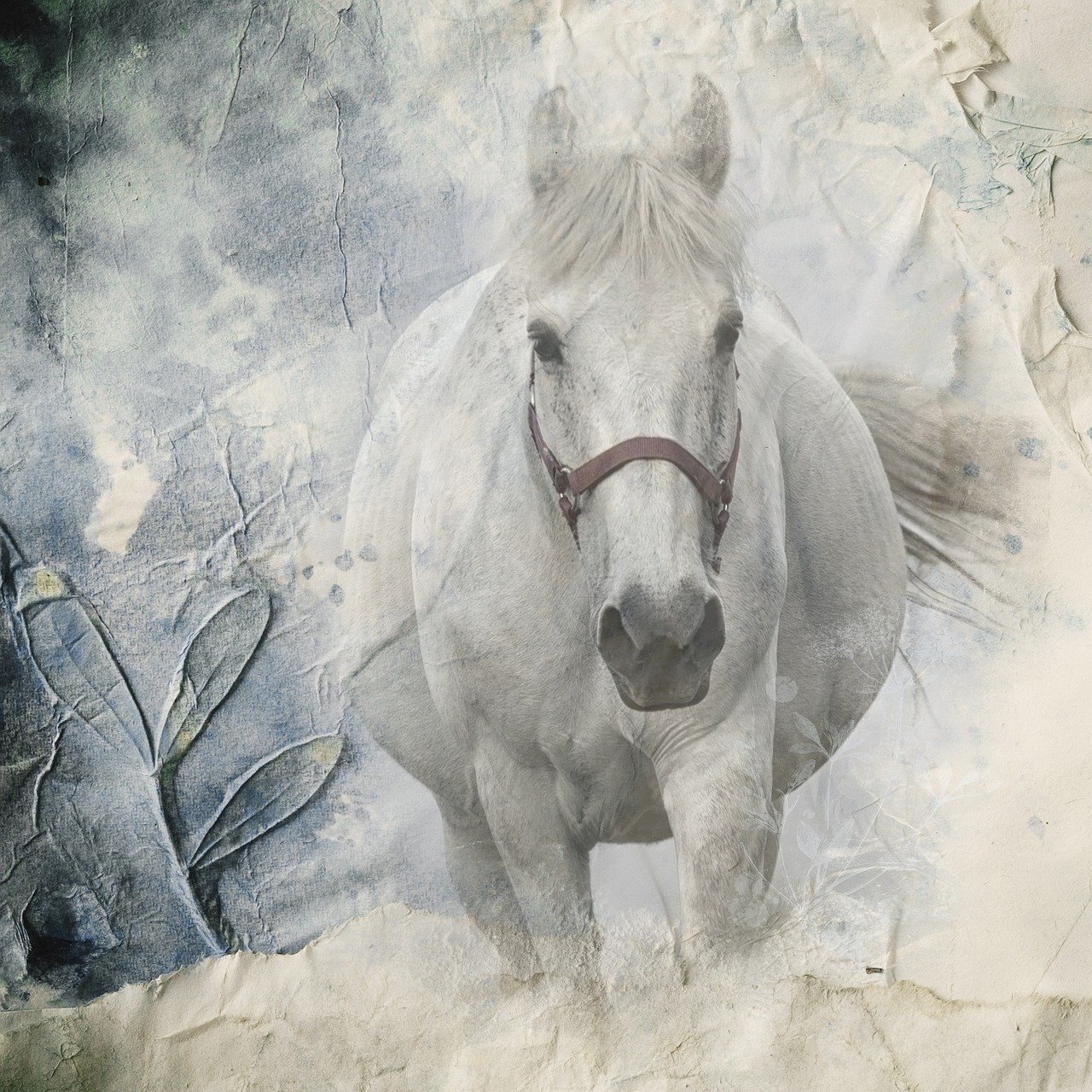 a white horse standing next to a tree, a digital painting, art photography, on old paper, closeup photo, jump, frosty
