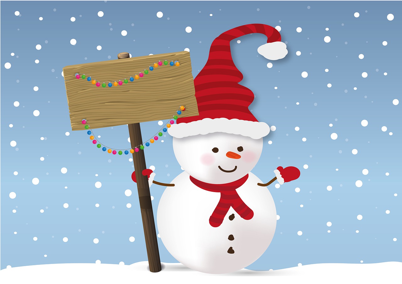 a snowman holding a sign in the snow, an illustration of, shutterstock, decorations, accurate detail, wearing a santa hat, 2 0 1 0 photo