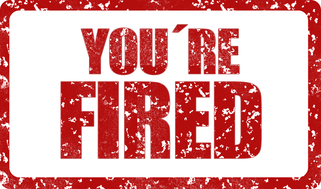 a red you're fired sign on a black background, by Jeanna bauck, avatar image, battered, tony roberts, sfx