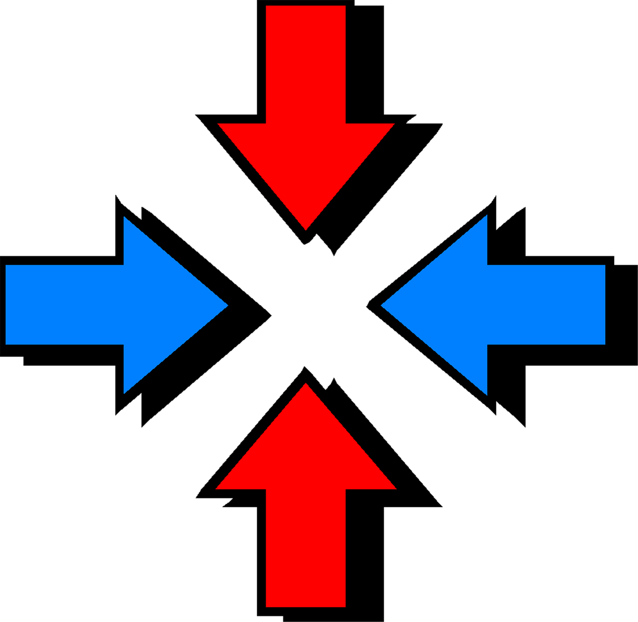 blue and red arrows pointing in opposite directions, a diagram, by Konrad Krzyżanowski, reddit, precisionism, magnetic, cross, contrast icon, rear facing