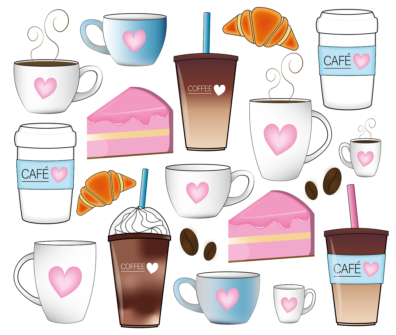 a variety of coffee and pastries on a white background, vector art, by Kinichiro Ishikawa, shutterstock, process art, pink, heart, cartoonish vector style, color vector