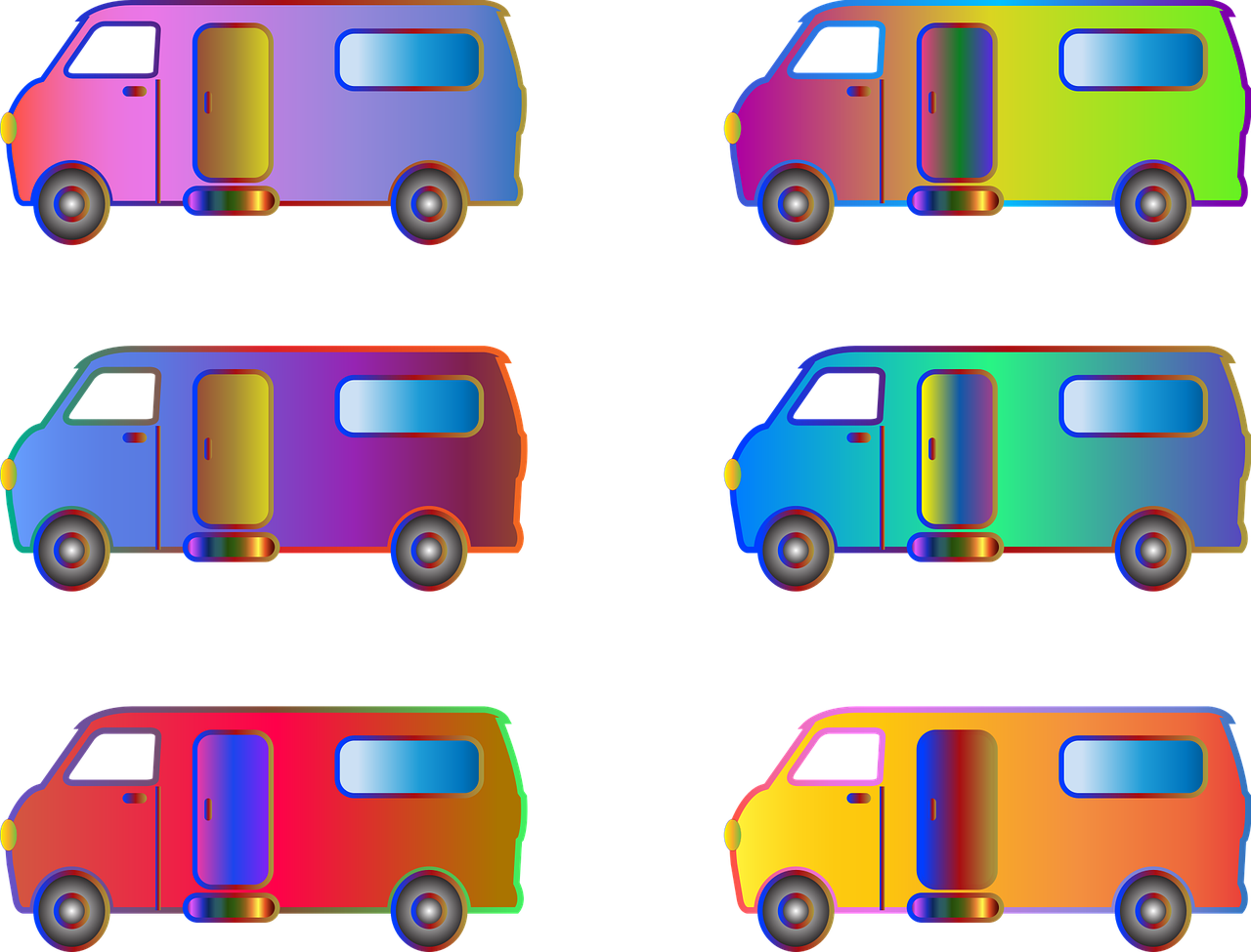 a set of four different colored vans on a black background, by Jan Rustem, flickr, computer art, camper, neochrome colors, ( ( ( buses, spritesheet