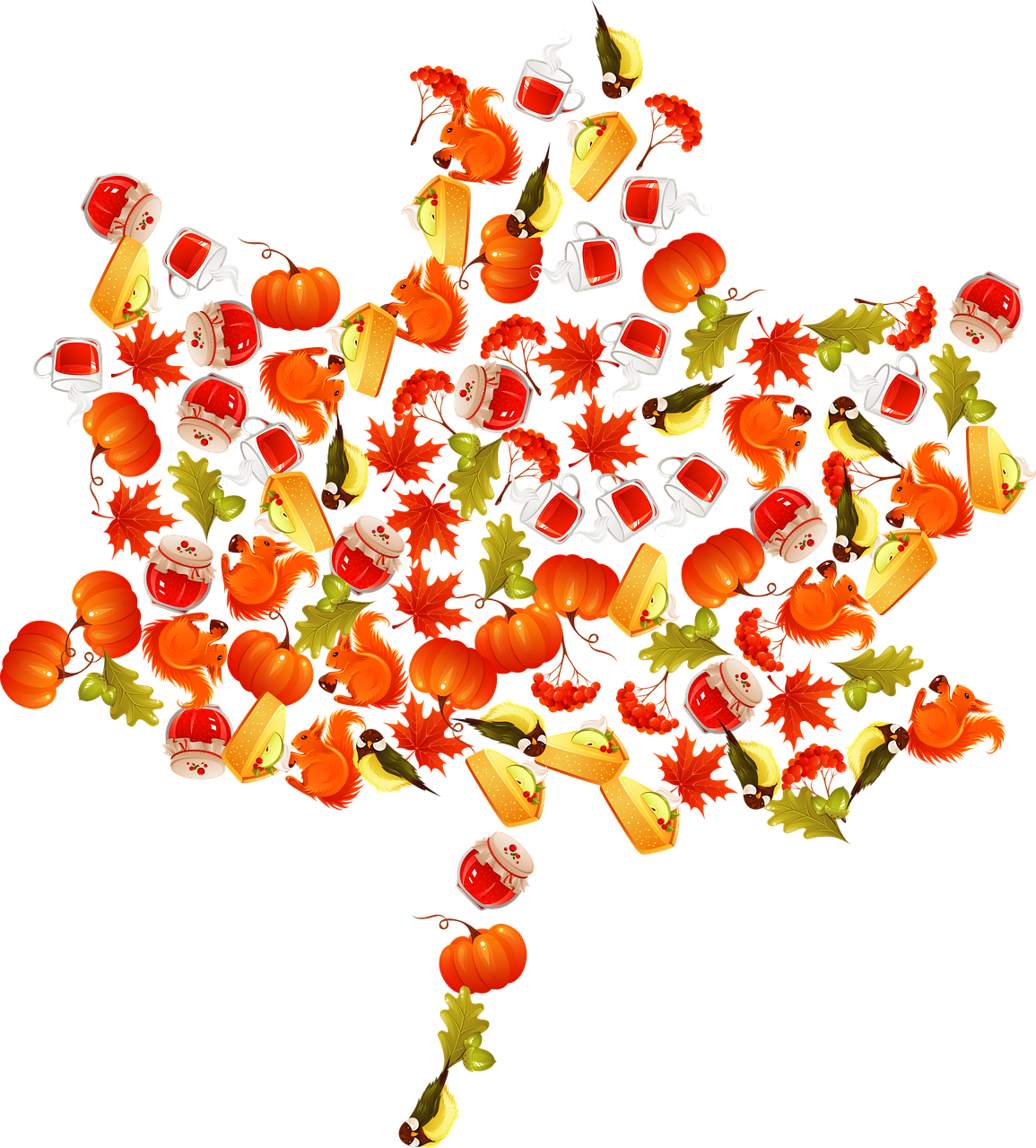 a maple leaf made out of fruits and vegetables, digital art, by Ingrida Kadaka, shutterstock contest winner, digital art, dark orange black white red, autumn leaves falling, made of candy and lollypops, toronto