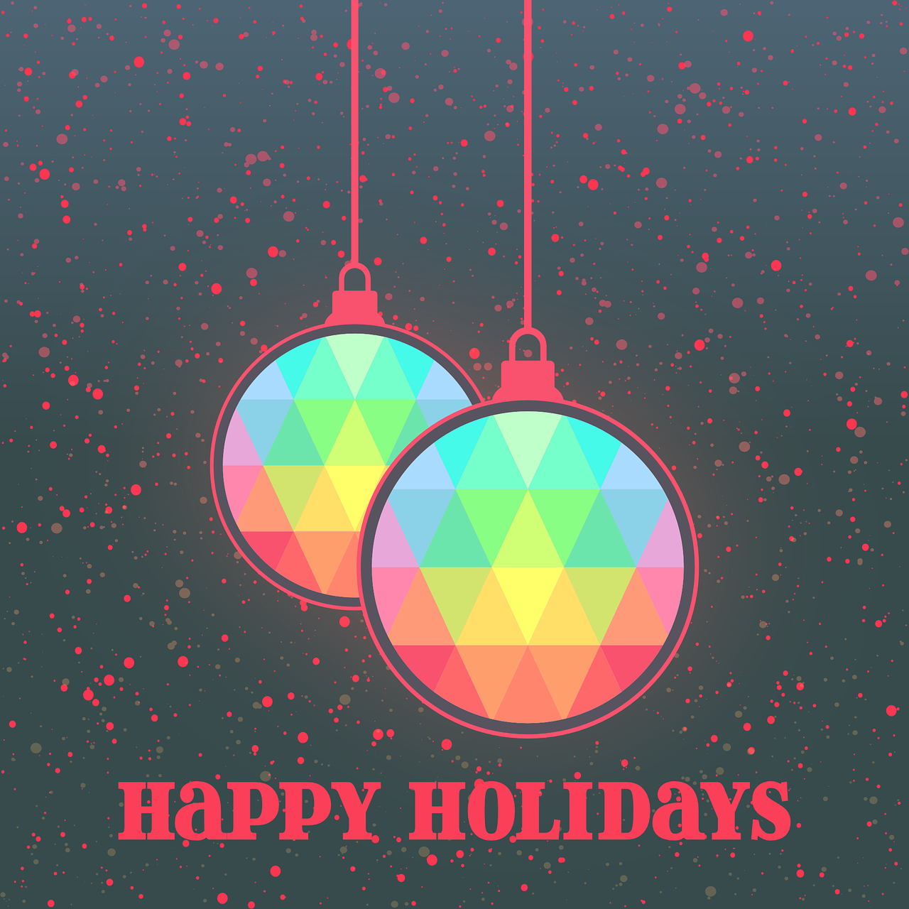 a couple of christmas balls hanging from a string, vector art, conceptual art, low polygons illustration, neon holograms, vintage retro colors, card template