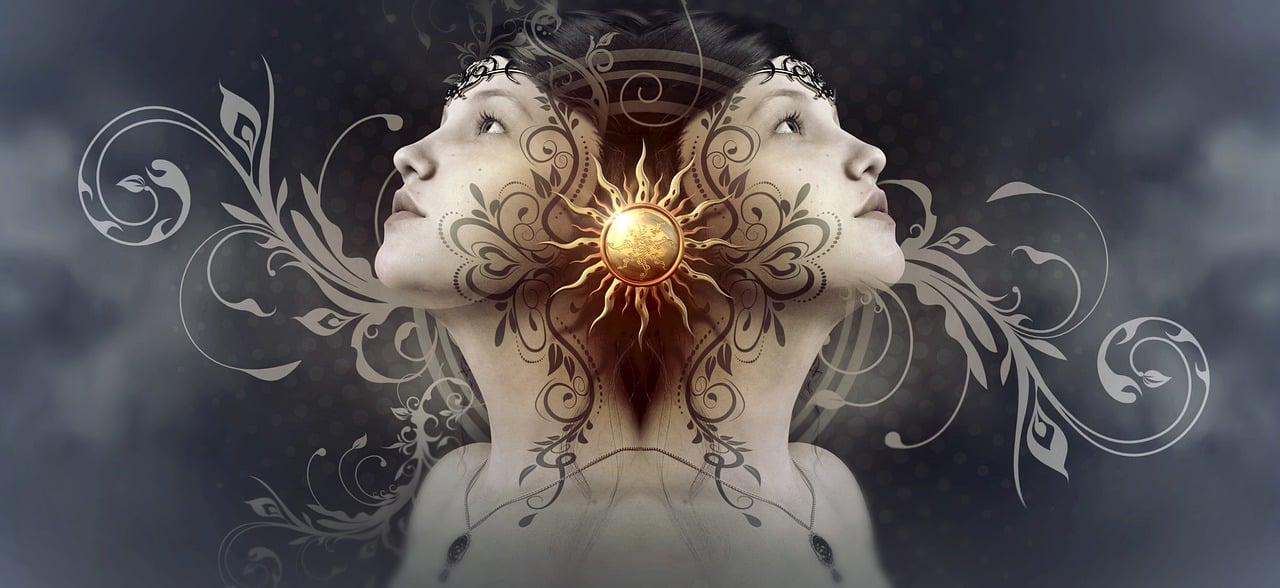 a woman with a sun tattoo on her back, digital art, digital art, beautiful gemini twins, apophysis, detailed symmetrical faces, the girl and the sun