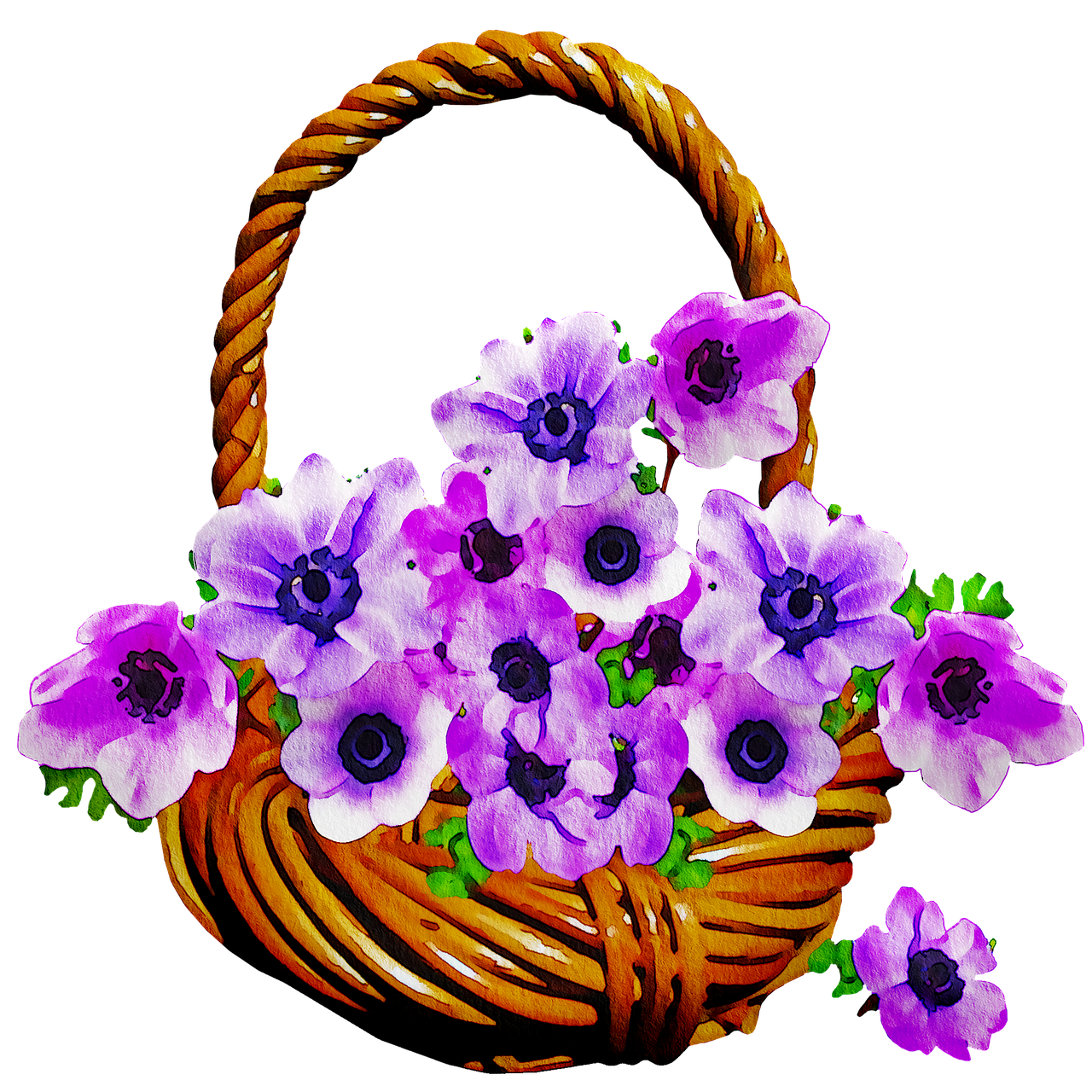 a wicker basket filled with purple and white flowers, a digital rendering, by George Barret, Jr., flickr, with a black background, anemones, beautiful flower, clipart
